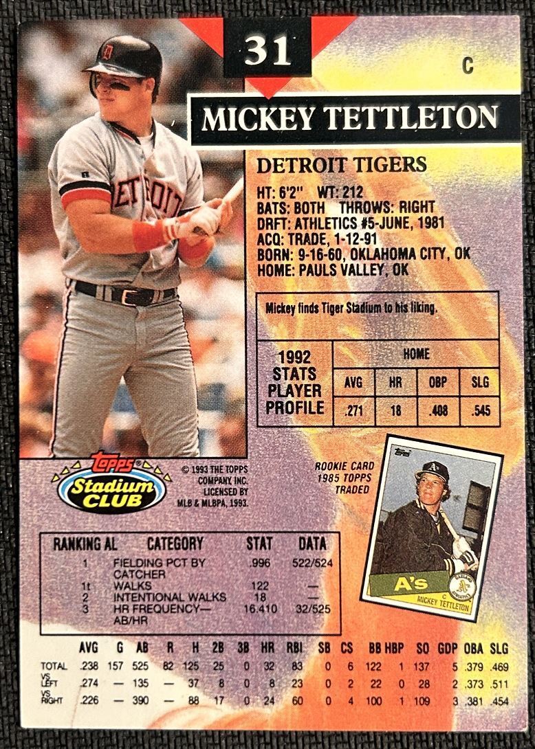 1993 Topps Stadium Club Mickey Tettleton Detroit Tigers #31