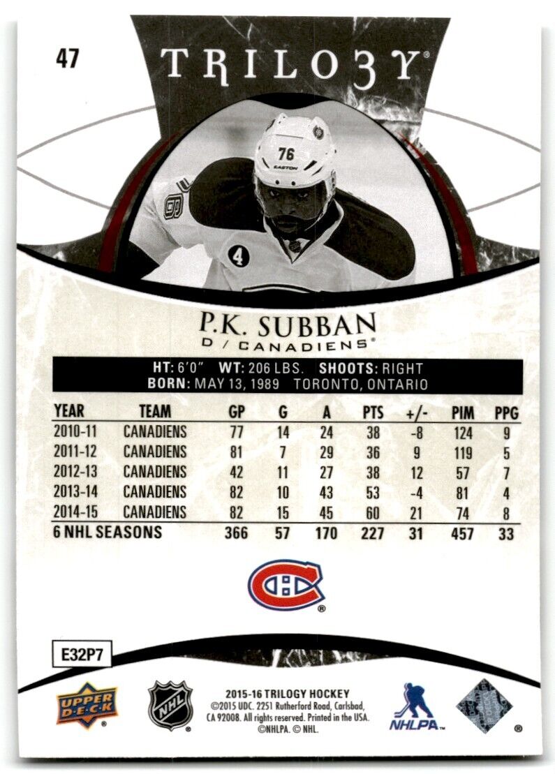 2015-16 Upper Deck Trilogy P.K. Subban Montreal Canadiens #47