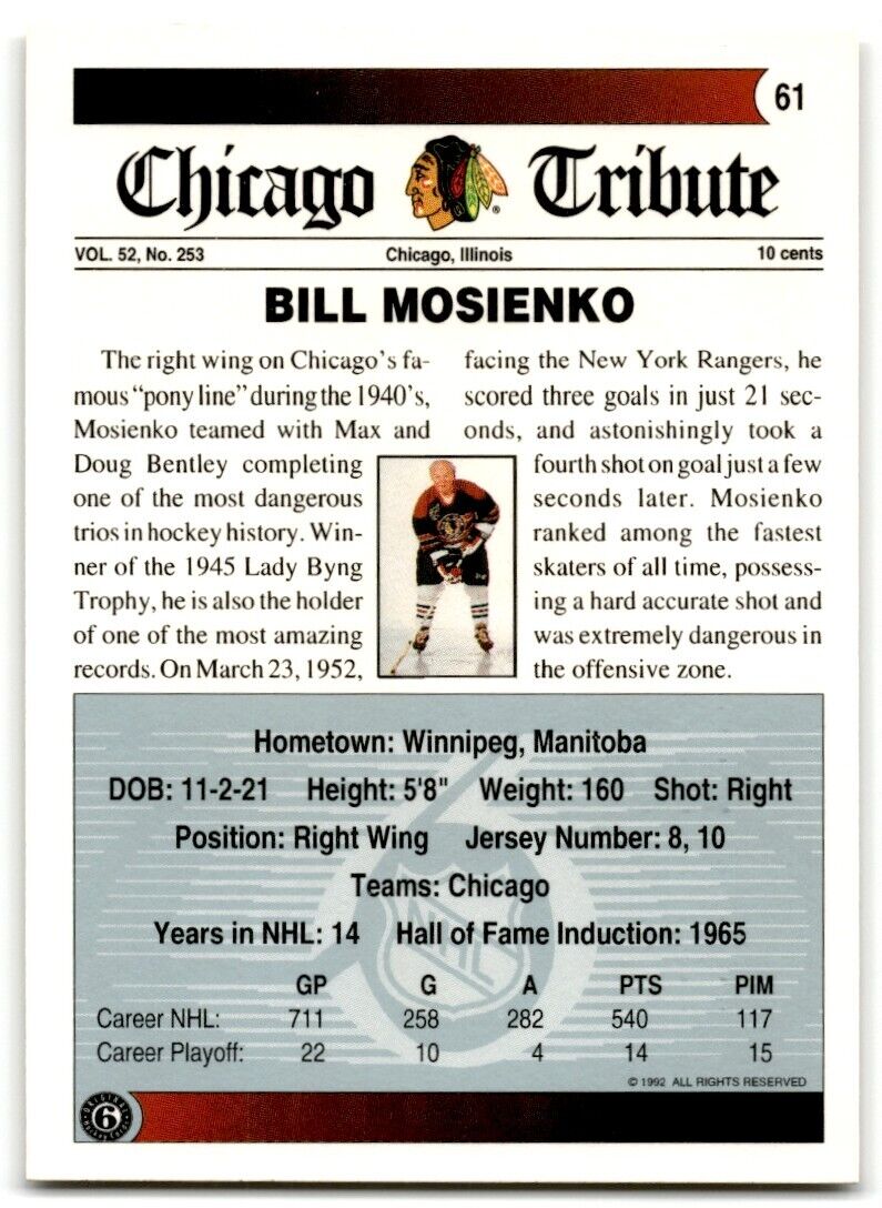 1991-92 Ultimate Original 6 Bill Mosienko Chicago Blackhawks #61