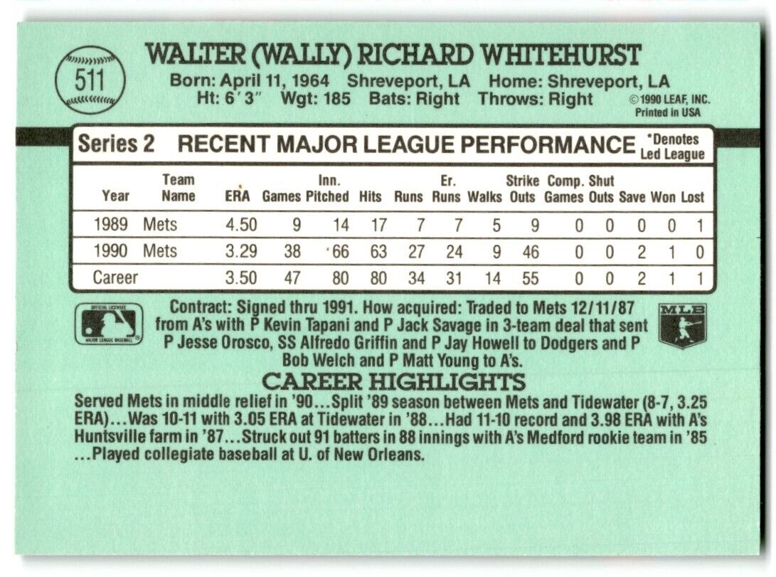 1991 Donruss Wally Whitehurst New York Mets #511