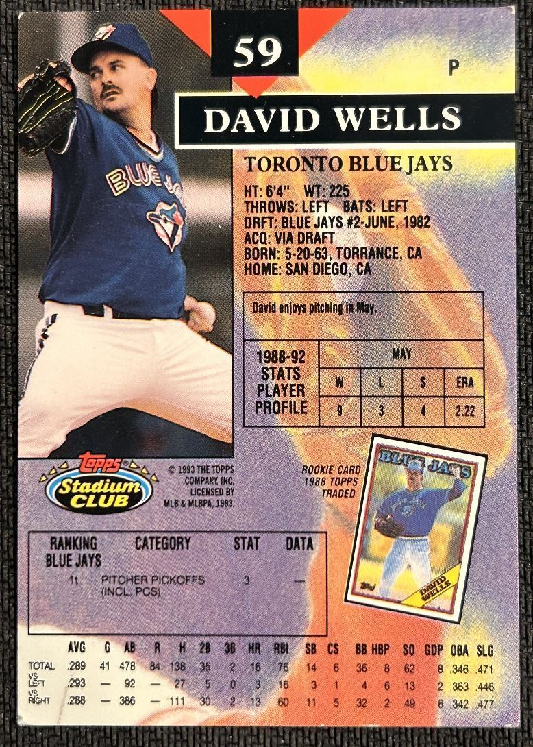 1993 Stadium Club David Wells Toronto Blue Jays #59