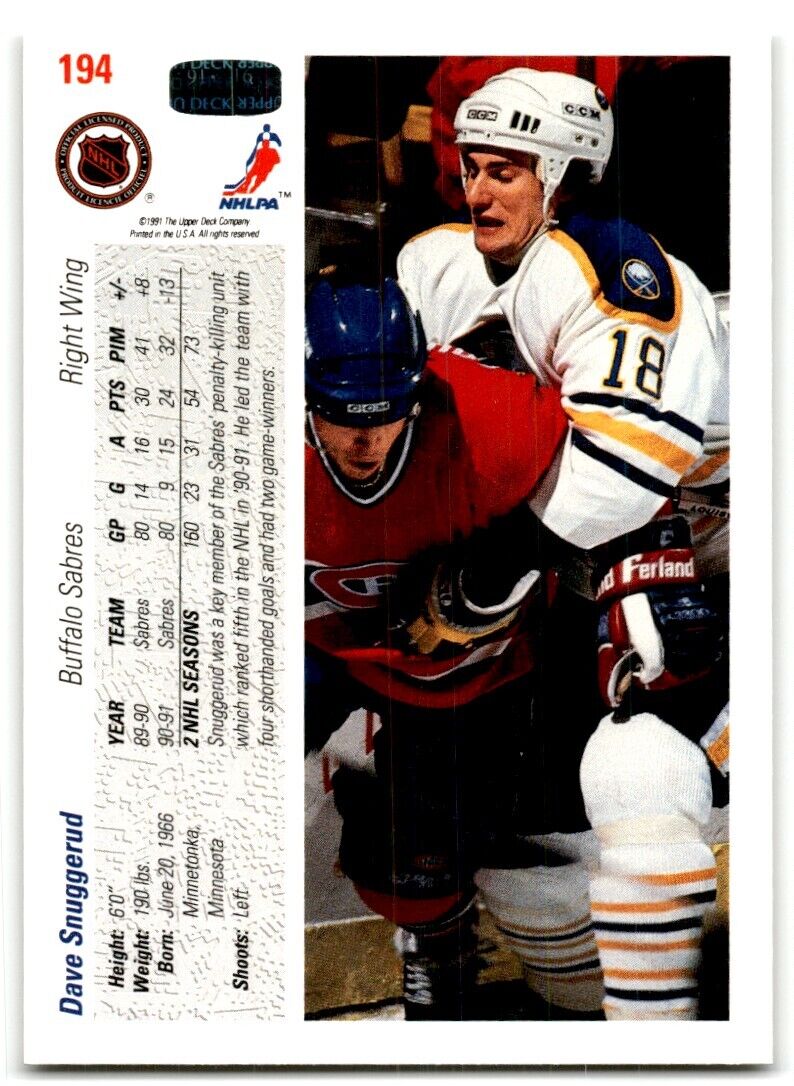 1991-92 Upper Deck Dave Snuggerud Buffalo Sabres #194