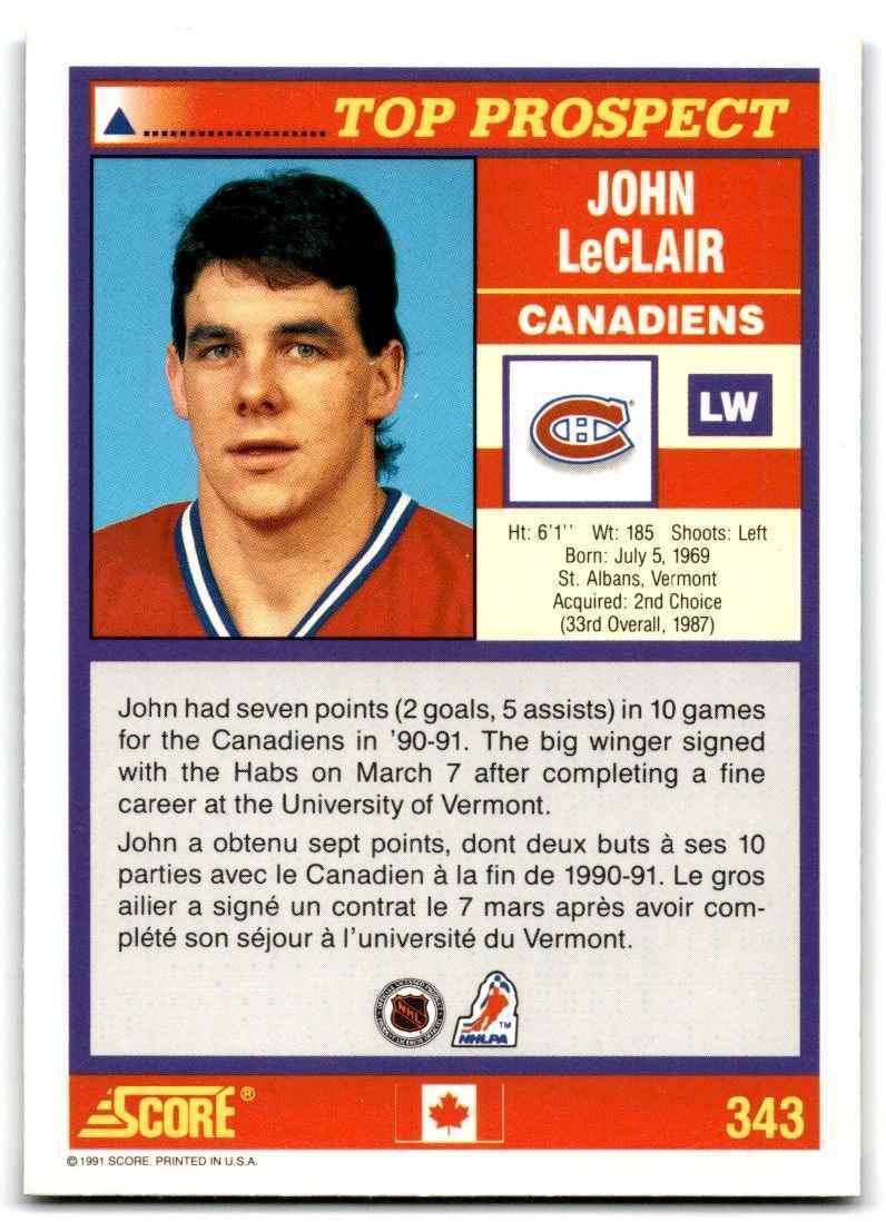 1991-92 Score Canadian Bilingual John LeClair Rookie Montreal Canadiens #343