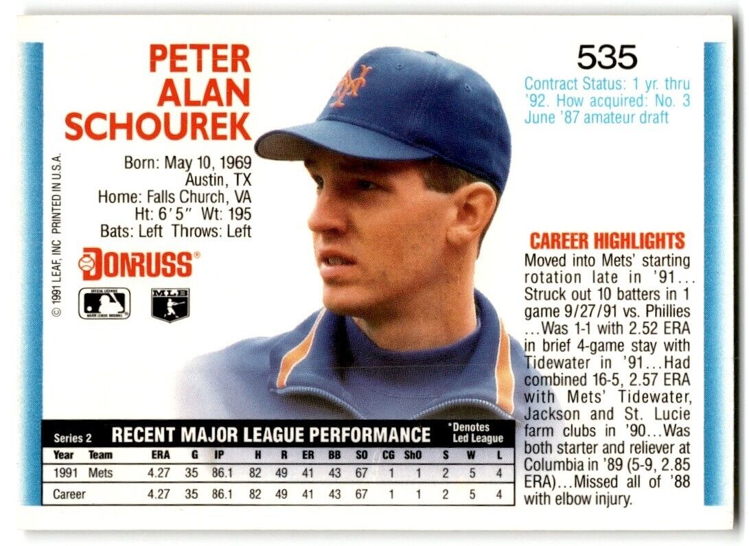 1992 Donruss Peter Schourek New York Mets #535