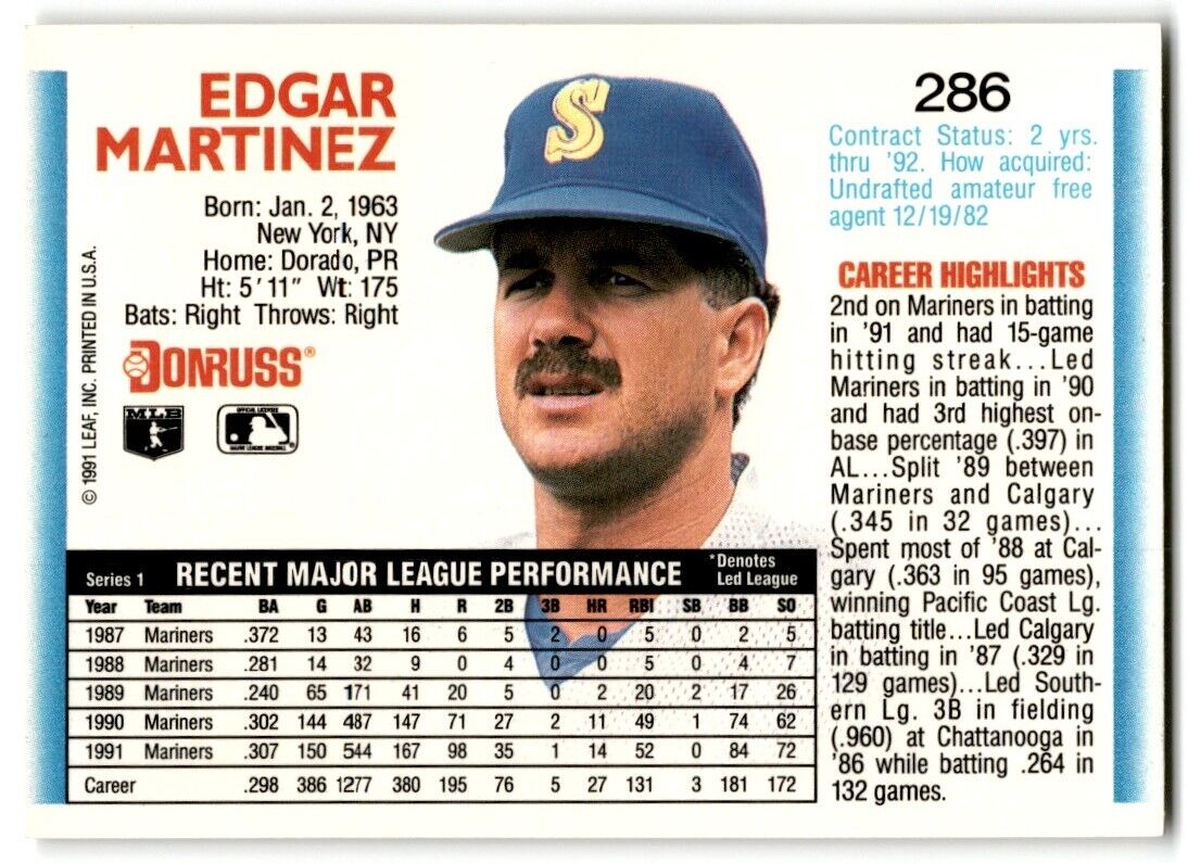 1992 Donruss Edgar Martinez Seattle Mariners #286