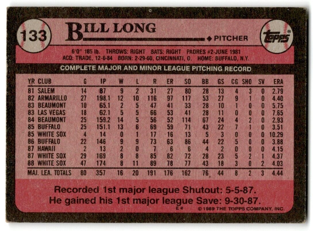 1989 Topps Bill Long Chicago White Sox #133