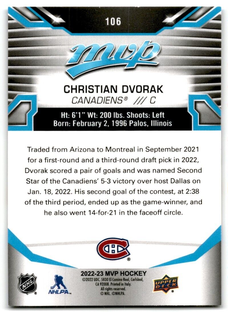 2022-23 Upper Deck MVP Christian Dvorak Montreal Canadiens #106