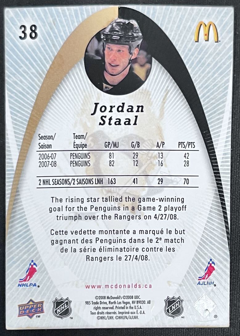 2008-09 McDonald's Upper Deck Jordan Staal Pittsburgh Penguins #38