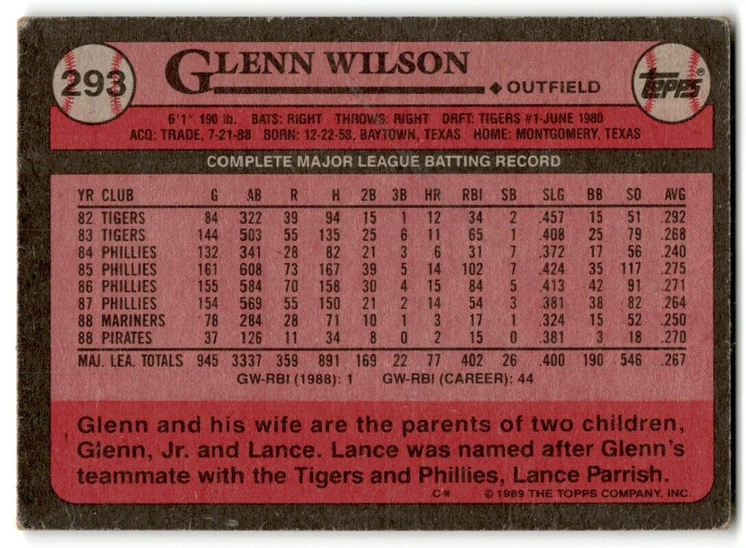 1989 Topps Glenn Wilson Pittsburgh Pirates #293