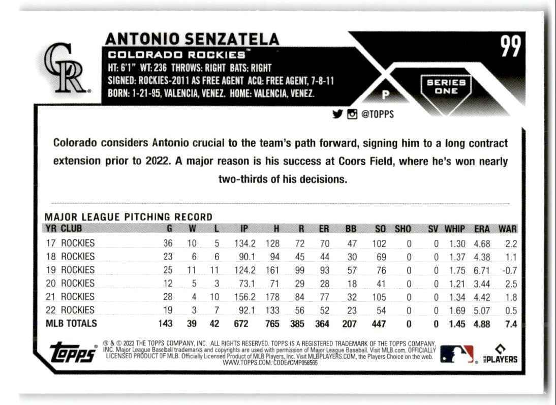 2023 Topps Antonio Senzatela Colorado Rockies #99