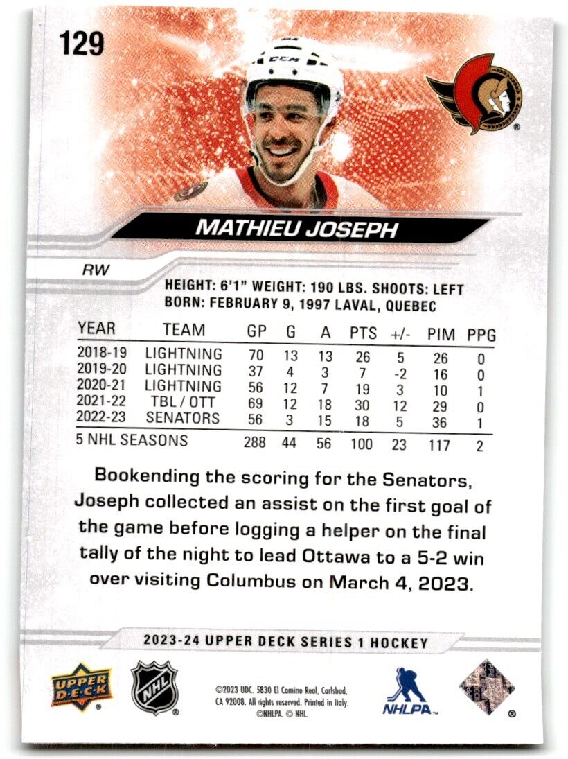 2023-24 Upper Deck Mathieu Joseph Ottawa Senators #129