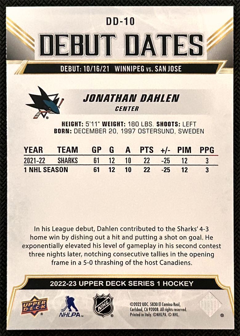 2022-23 Upper Deck Debut Dates Jonathan Dahlen San Jose Sharks #DD-10