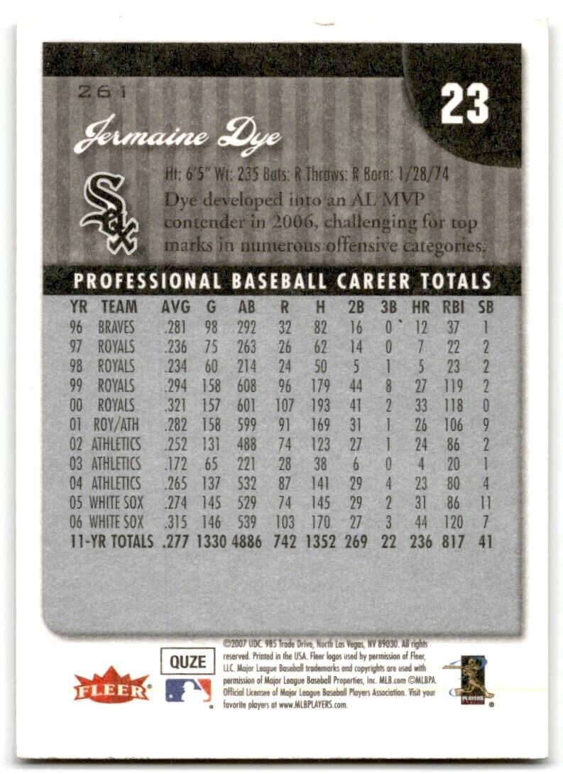 2007 Fleer Jermaine Dye Chicago White Sox #261