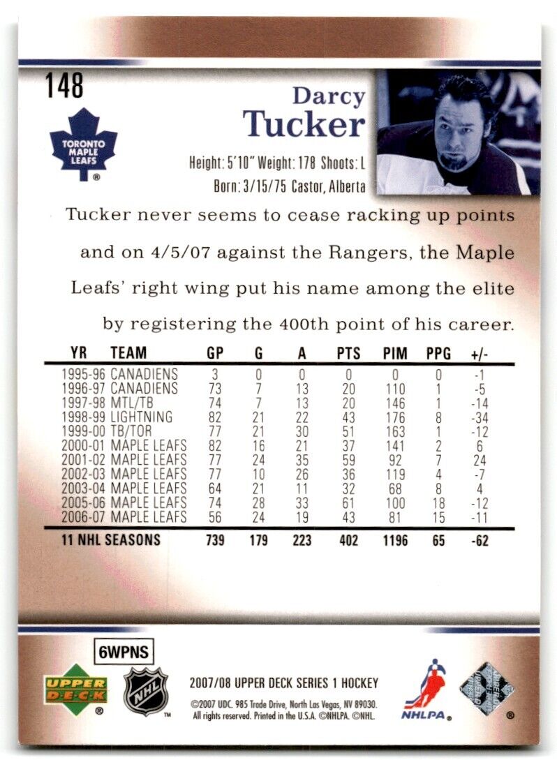 2007-08 Upper Deck Darcy Tucker Toronto Maple Leafs #148