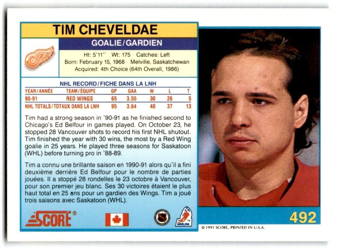 1991-92 Score Canadian Bilingual Tim Cheveldae Detroit Red Wings #492