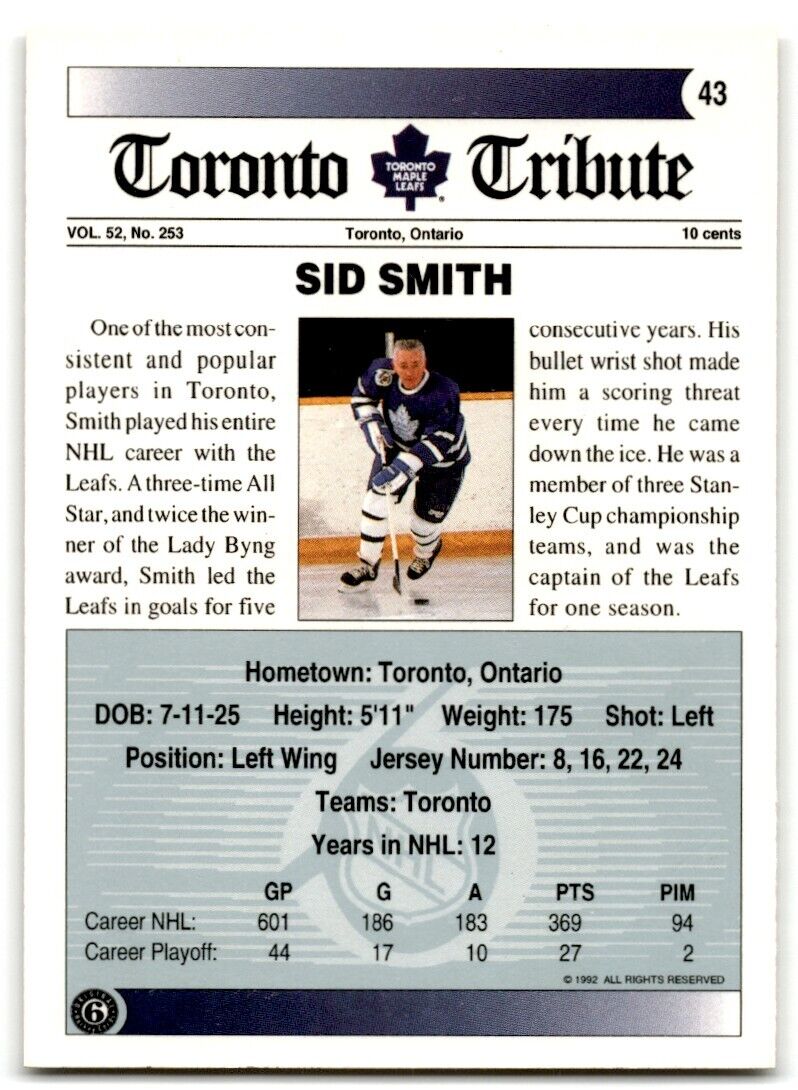 1991-92 Ultimate Original 6 Sid Smith Toronto Maple Leafs #43