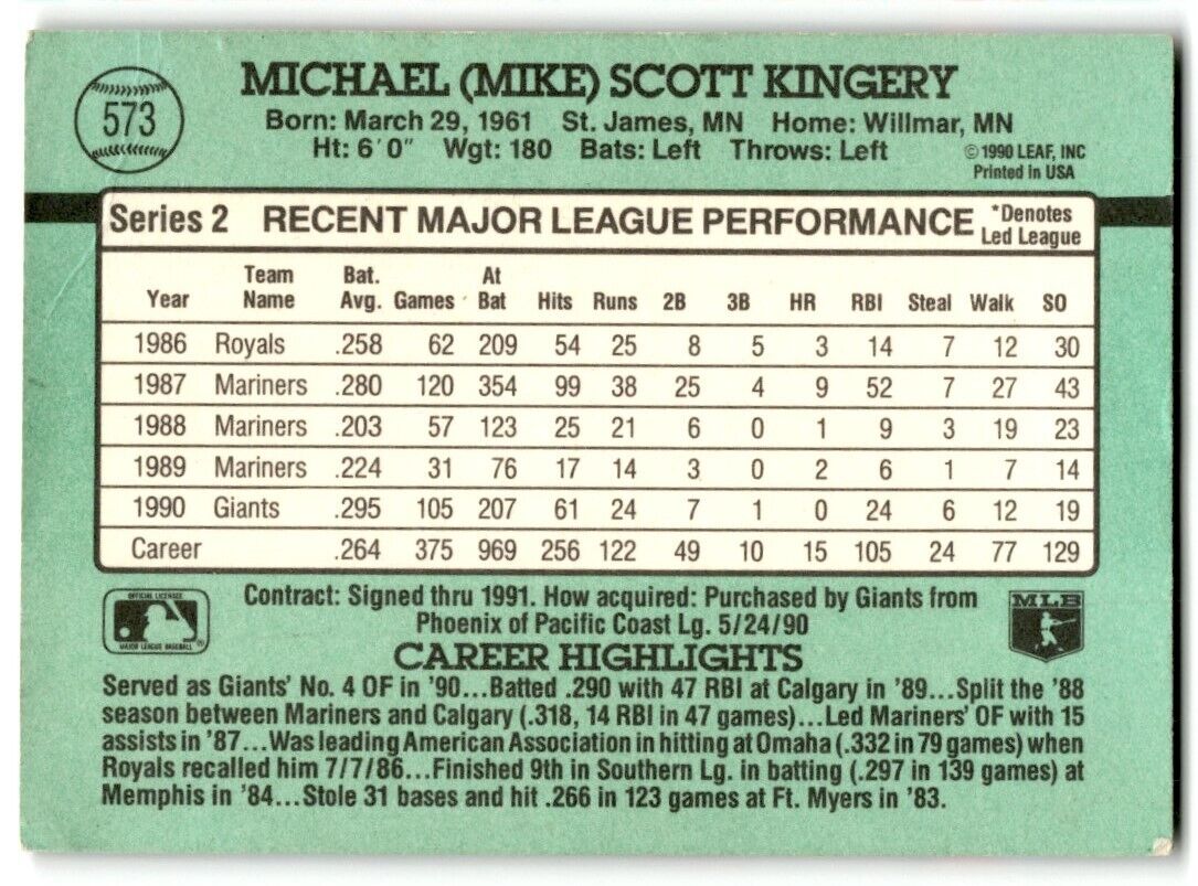 1991 Donruss Mike Kingery San Francisco Giants #573