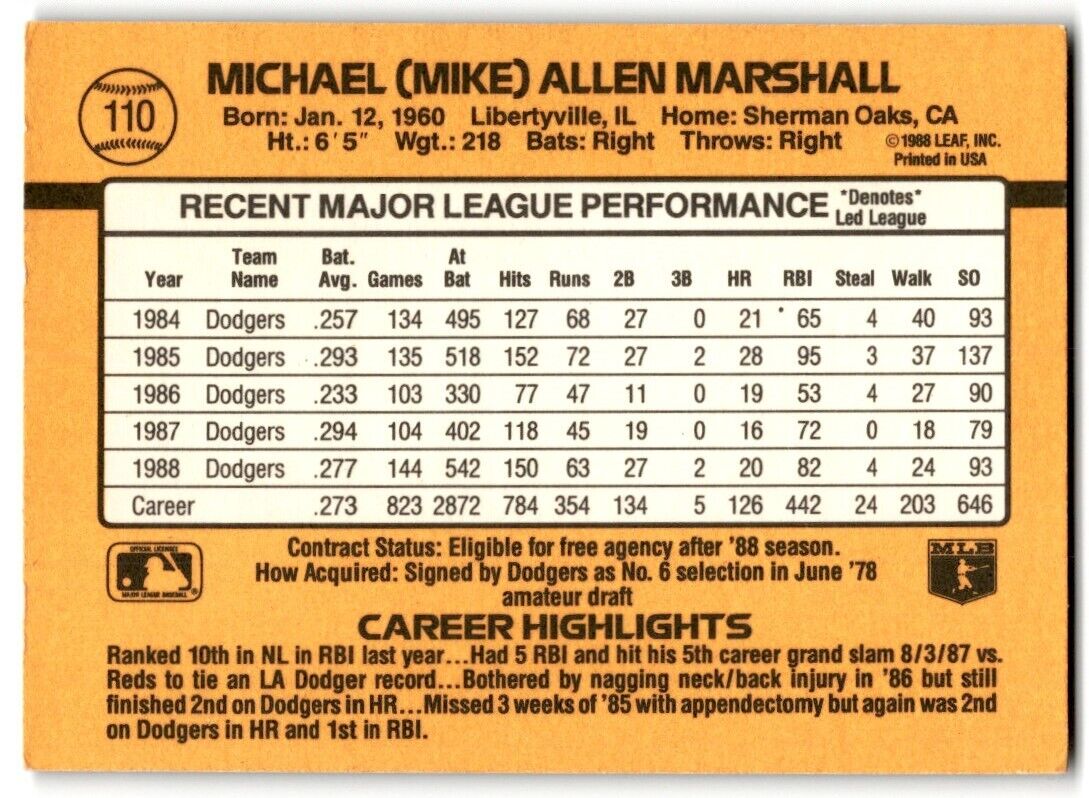 1989 Donruss Mike Marshall Los Angeles Dodgers #110