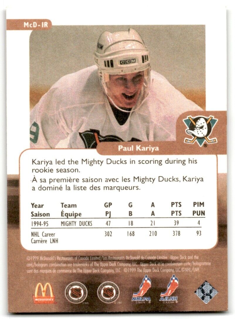 1998-99 Upper Deck Retro McDonald's Paul Kariya Anaheim Mighty Ducks #MCD-1R