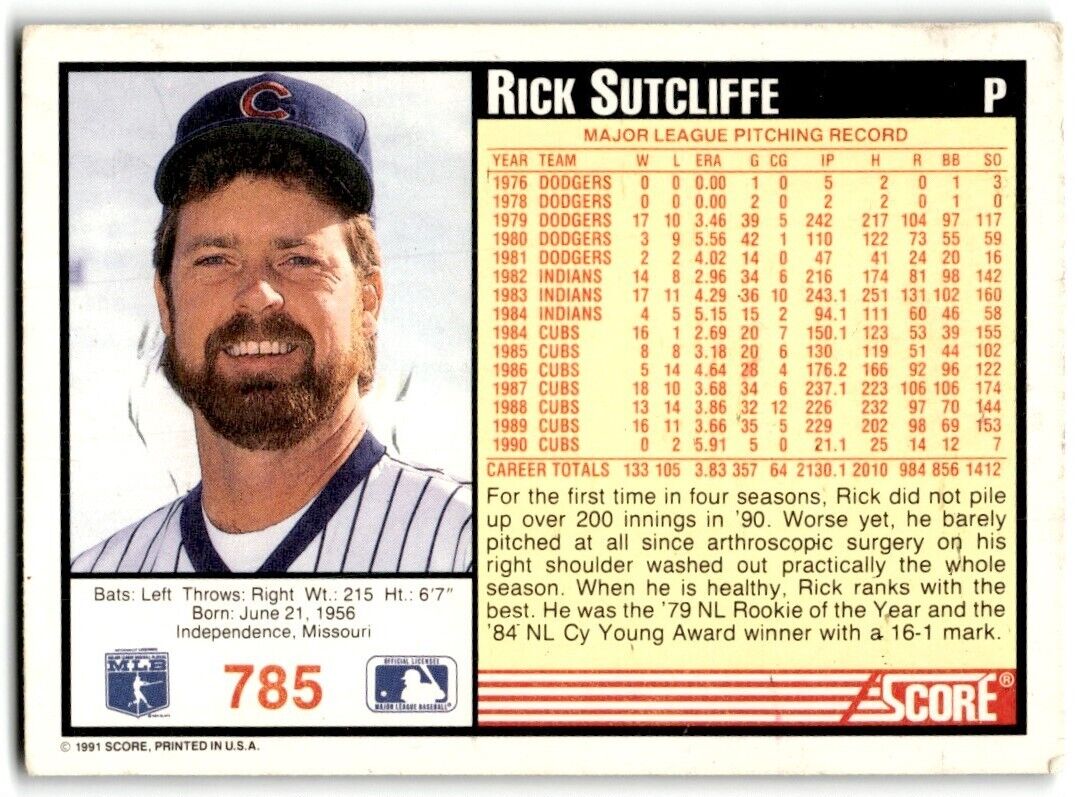 1991 Score Rick Sutcliffe Chicago Cubs #785