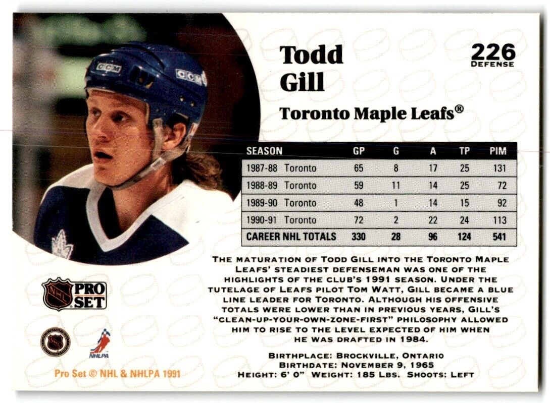 1991-92 Pro Set Todd Gill Toronto Maple Leafs #226