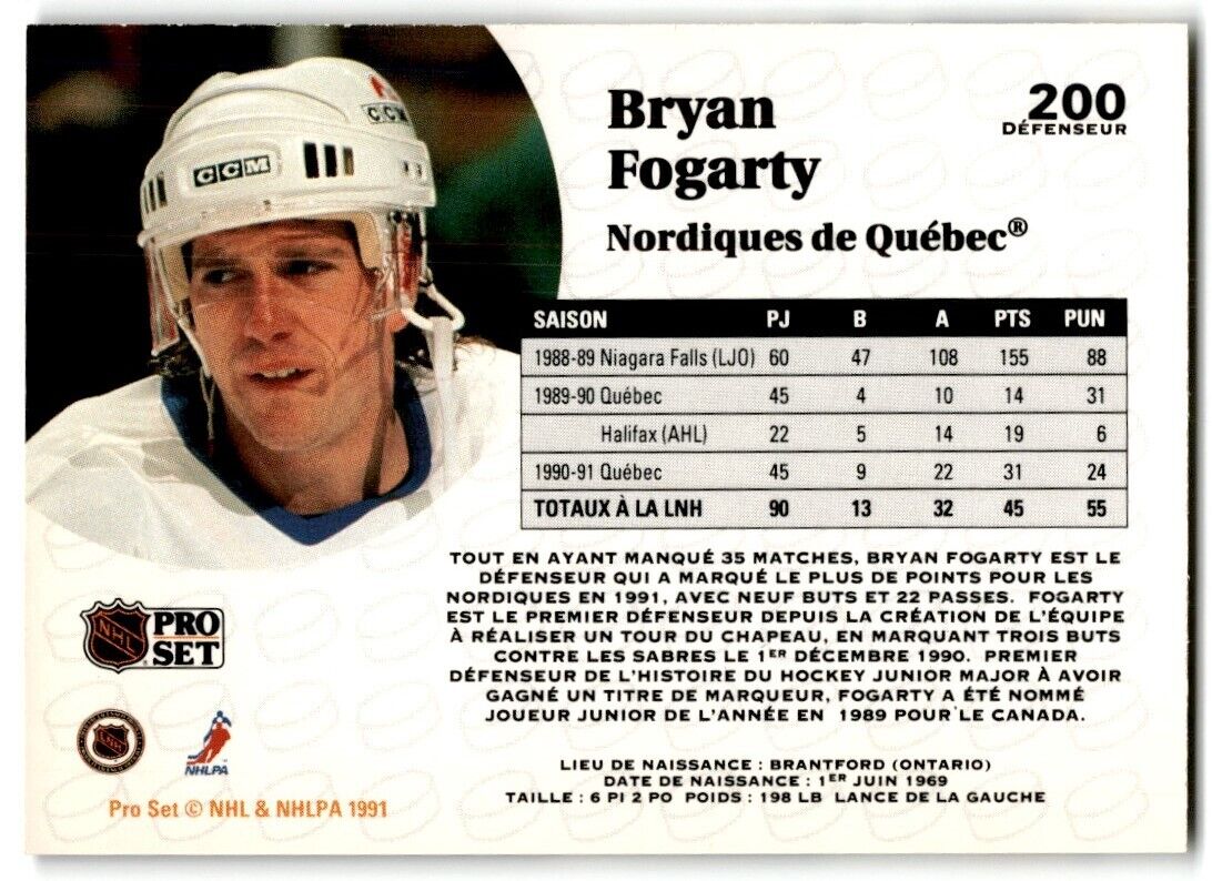 1991-92 Pro Set Bryan Fogarty Quebec Nordiques #200