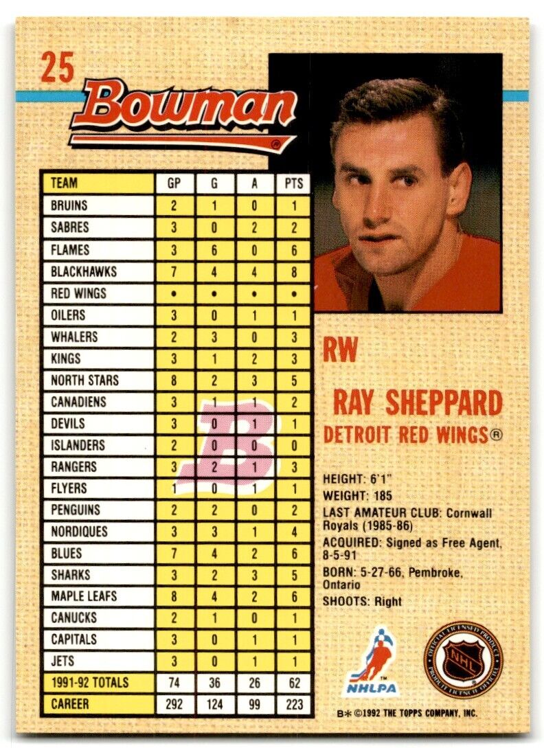 1992-93 Bowman Ray Sheppard Detroit Red Wings #25