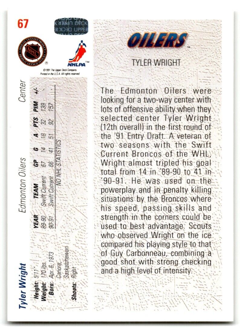 1991-92 Upper Deck Tyler Wright Rookie Edmonton Oilers #67