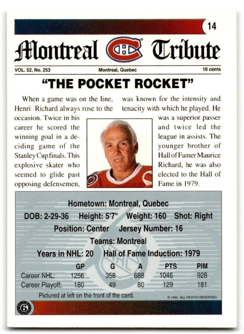 1991-92 Ultimate Original 6 Henri Richard Montreal Canadiens #14