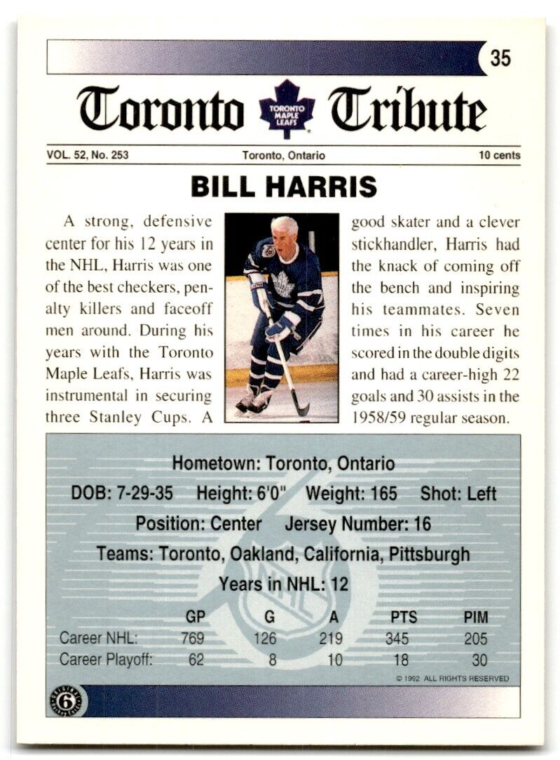 1991-92 Ultimate Original 6 Autographs Bill Harris Auto Toronto Maple Leafs #35