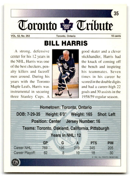 1991-92 Ultimate Original 6 Autographs Bill Harris Auto Toronto Maple Leafs #35