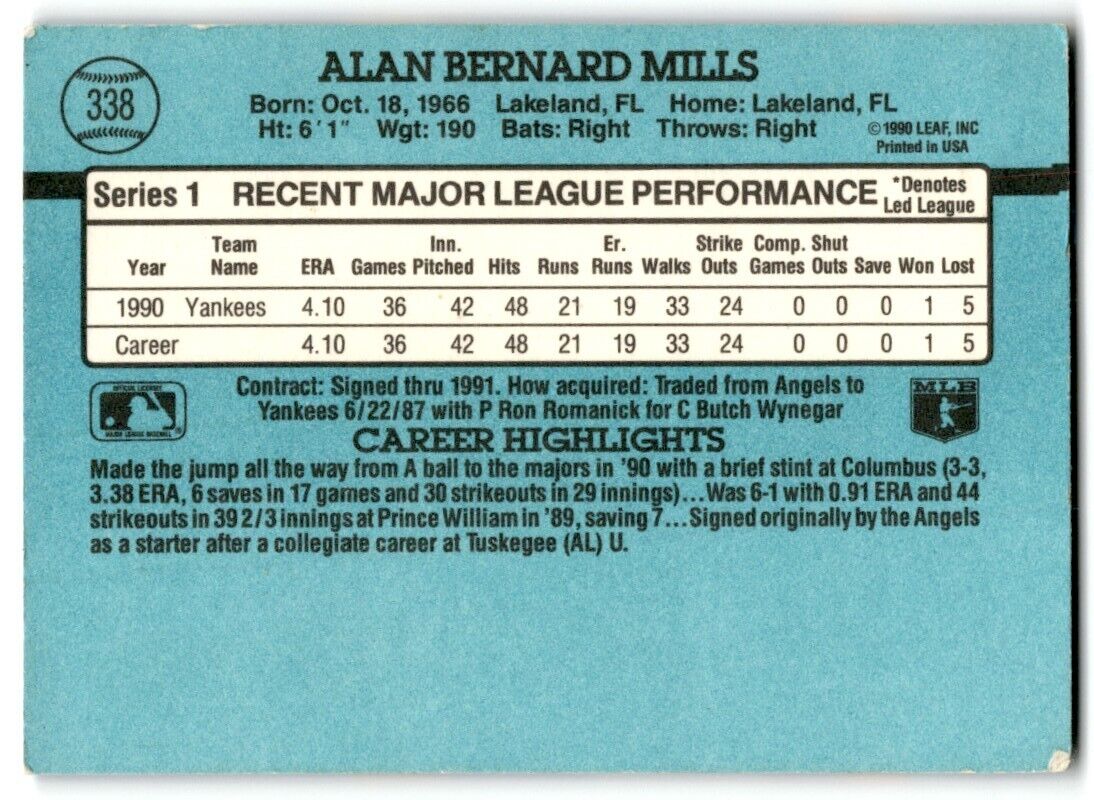 1991 Donruss Alan Mills New York Yankees #338