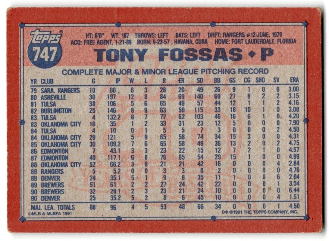 1991 Topps Tony Fossas Milwaukee Brewers #747