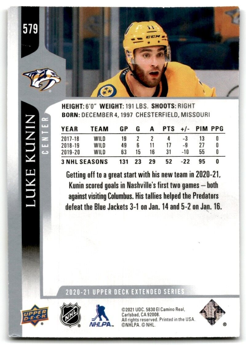 2020-21 Upper Deck Luke Kunin Nashville Predators #579