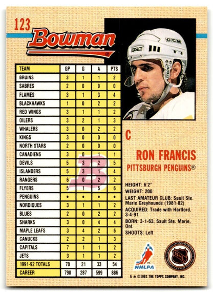 1992-93 Bowman Ron Francis Pittsburgh Penguins #123