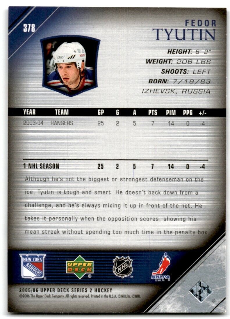 2005-06 Upper Deck Fedor Tyutin New York Rangers #378