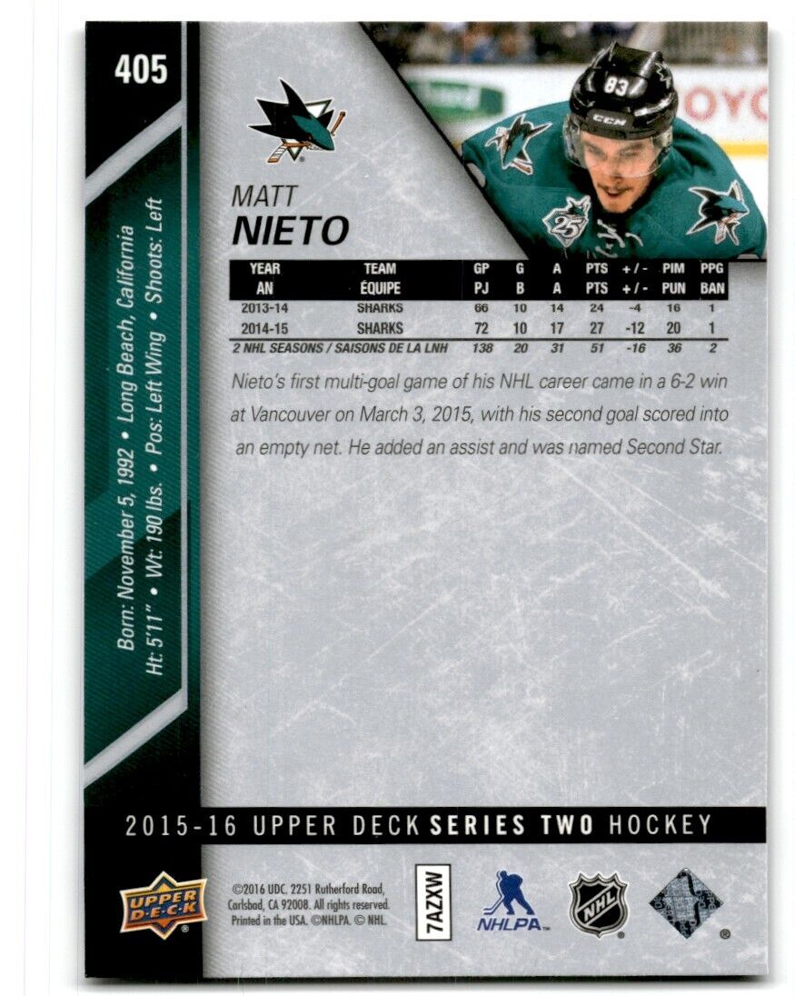 2015-16 Upper Deck Matt Nieto San Jose Sharks #405