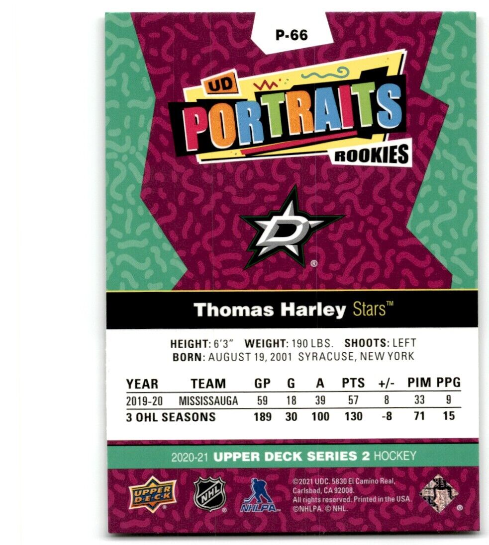 2020-21 Upper Deck UD Portraits Thomas Harley Rookie Dallas Stars #P-66