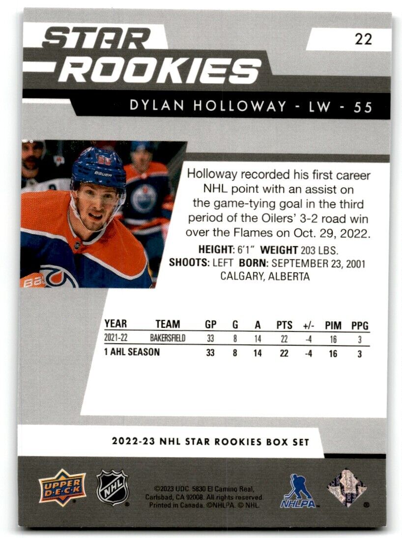 2022-23 Upper Deck Star Rookies Dylan Holloway Rookie Edmonton Oilers #22