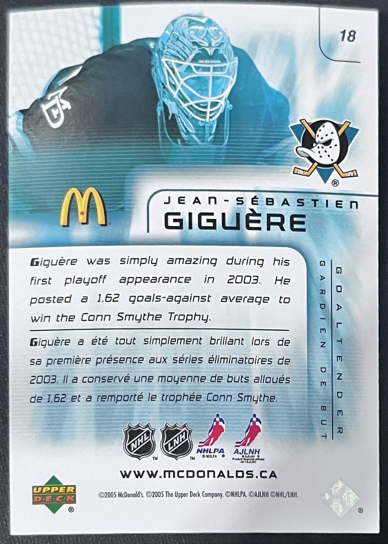 2005-06 Upper Deck McDonald's Jean-Sebastien Giguere Anaheim Mighty Ducks #18