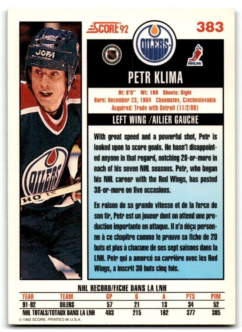 1992-93 Score Petr Klima Edmonton Oilers #383