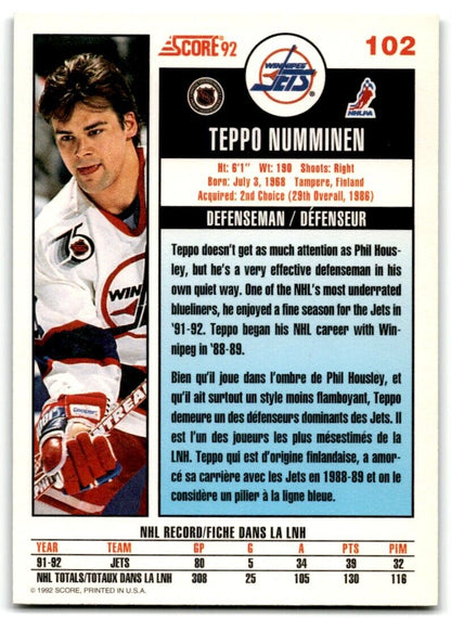 1992-93 Score Teppo Numminen Winnipeg Jets #102