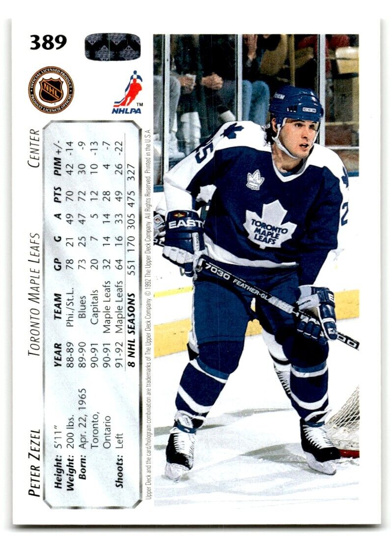 1992-93 Upper Deck Peter Zezel Toronto Maple Leafs #389