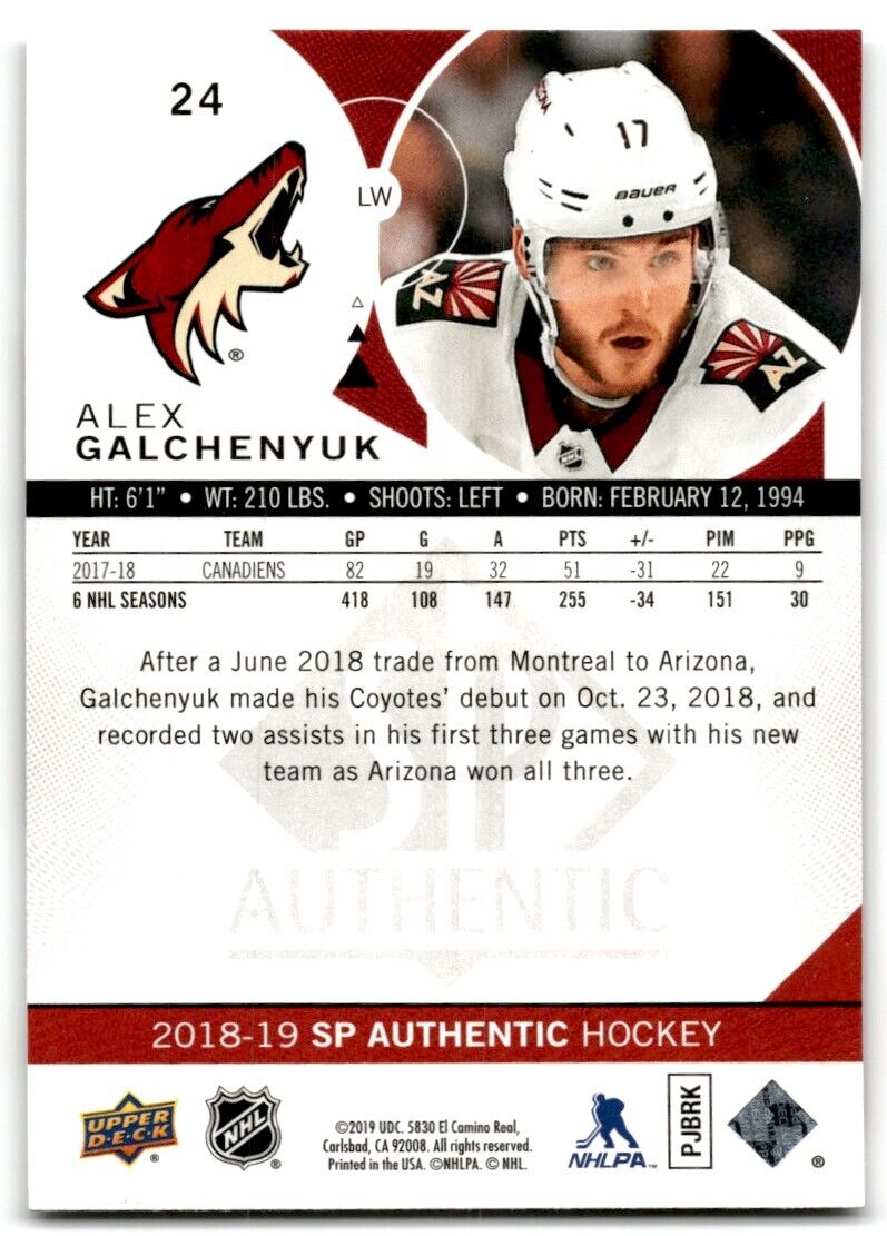 2018-19 SP Authentic Alex Galchenyuk Arizona Coyotes #24