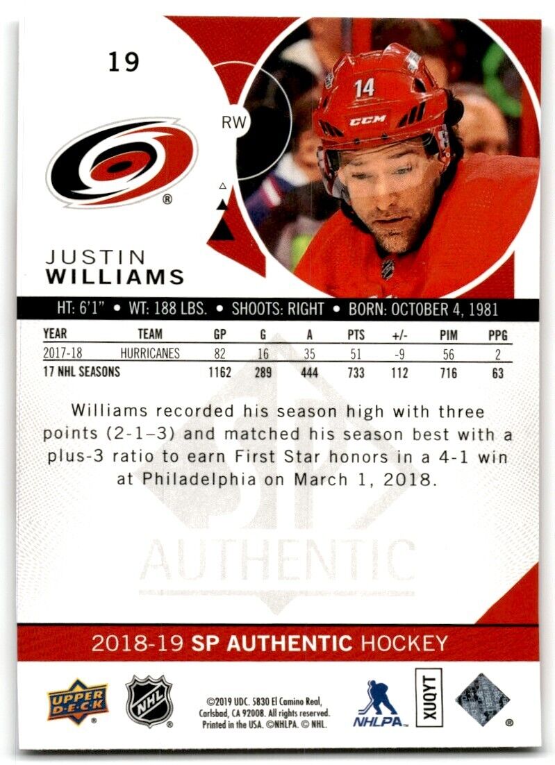 2018-19 SP Authentic Justin Williams Carolina Hurricanes #19