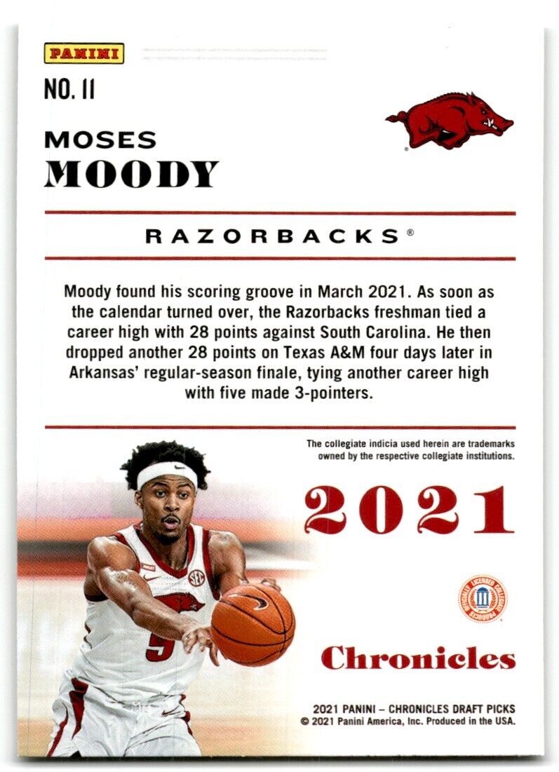 2021-22 Panini Chronicles Draft Picks Moses Moody Arkansas Razorbacks #11