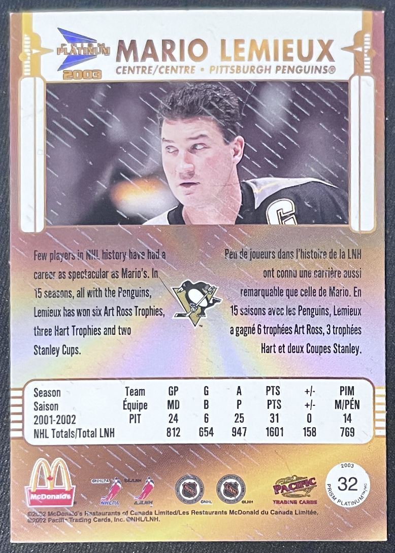 2002-03 Pacific McDonald's Mario Lemieux Pittsburgh Penguins #32