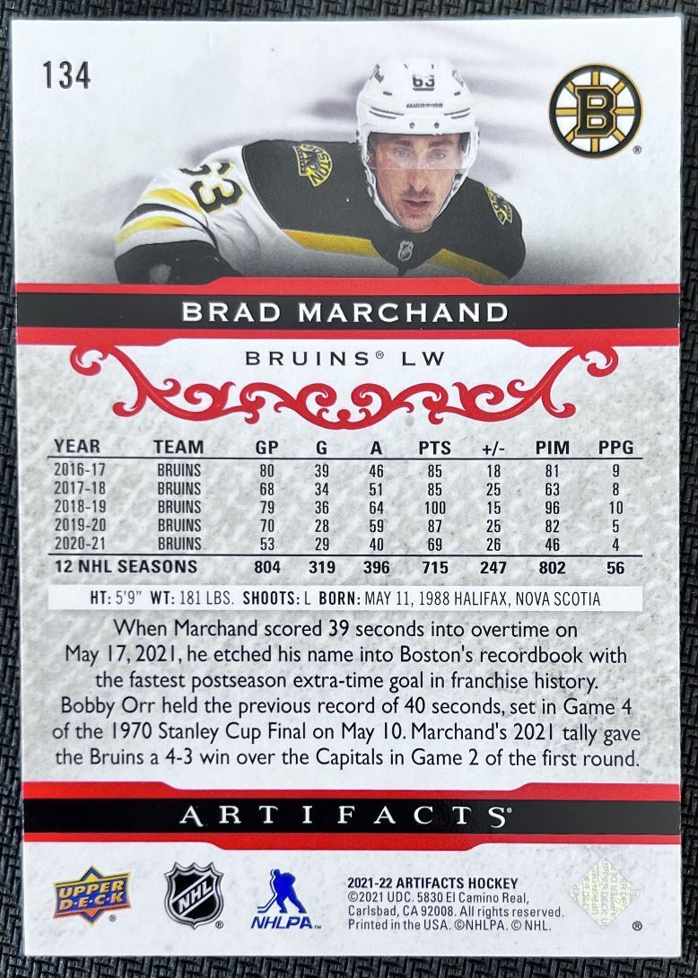 2021-22 Upper Deck Artifacts Brad Marchand 192/499 Boston Bruins #134