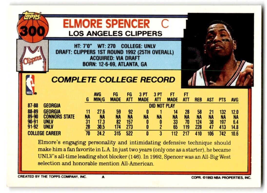 1992-93 Topps Elmore Spencer Rookie Los Angeles Clippers #300