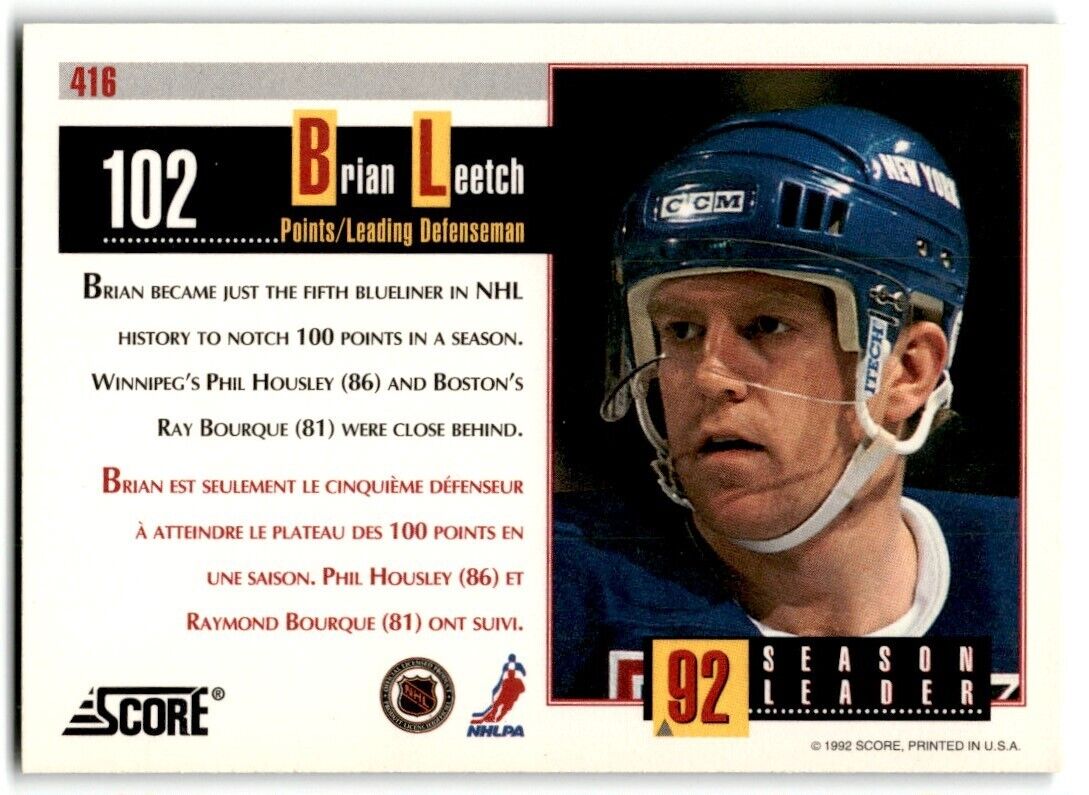 1992-93 Score Canadian Brian Leetch New York Rangers #416